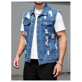 Floerns Men's Distressed Ripped Jean Vest Sleeveless Button Front Denim Vest Jacket Blue Medium