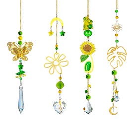Suncatcher Color Crystal Set of 4 Yellow Green Pendant Crystal Feng Shui Window Hanging Pendant for Home Party Decoration Window Indoor Outdoor Decorative Wind Chime Petal Sunflower Leaf Butterfly