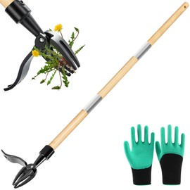 Raxfekro Foot operated weed remover, 110 cm, upright standing weed remover, aluminium, 4 claws, natural wood handle, dandelion cutter