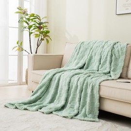 LINENOVA Sage Green Plaid Sherpa Throw Blanket - 300GSM Checkered Coral Fleece Blanket, Soft & Lightweight for All Seasons, Jacquard Decorative Blanket for Couch or Bed (127x152cm)