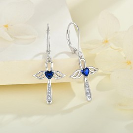 BELRYO 925 Sterling Silver Guardian Angel Cross Earrings for Women Leverback Earrings Religious Jewelry Cross Angel Wing dangle Earrings Christian Gift September Birthstone Sapphire Color