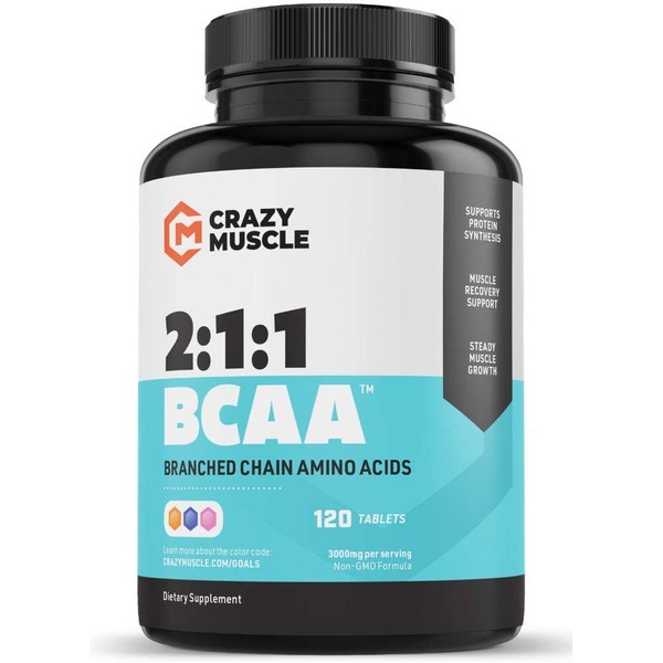 Crazy Muscle BCAA Pills with The Perfect 2:1:1 Ratio of Branched Chain Amino Acids Supplement - 1000mg of BCAAs per Pill (Better Than Capsules) by Crazy Muscle - 120 Tablets