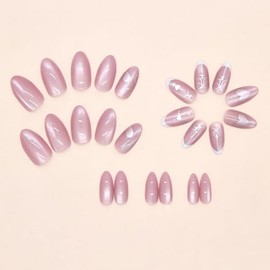 Cat's Eye Press on Nails Almond Medium Fake Nails French Tip Glue on Nails Press ons Cute False Nails with Heart Bow Design Artificial Acrylic Nail Kit Glossy Stick on Nail for Women Manicure 24Pcs