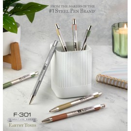 Zebra Pen F-301 Signature Series Retractable Ballpoint Pen, 0.7mm, Black Ink, Durable Stainless-Steel Barrel with Earthy Tones Accents, Sage Barrel Accents, 4-Pack (27244)