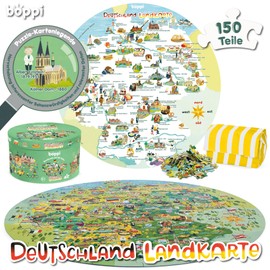 Boppi Jigsaw Puzzles for Children Aged 5 and Up / 150 Pieces Round Circle Puzzles for Children Aged 5-8 Years, Made from 100% Recycled Cardboard, Map of Germany