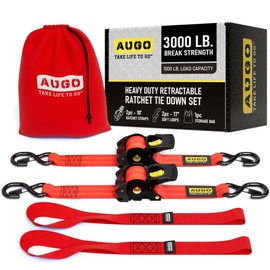 AUGO Retractable Ratchet Straps | 2 Heavy Duty Ratchet Straps Self Retractable Tie Down Straps with Soft Loops & Storage Bag for Motorcycle, Truck, Trailer, Cargo Van | 3000 Lb Break Strength 2” x 10’