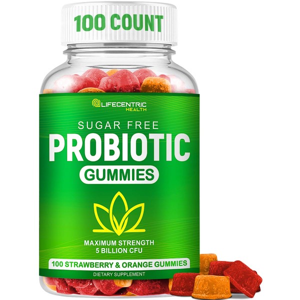 Probiotic Gummies for Adults and Kids Max Strength 5 Billion CFU | Organic Sugar Free Gummies for Digestive Health | 100 Count Vegan Gluten Free Chewable Probiotics Gummies for Men Women and Children