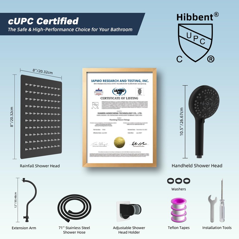 Hibbent All Metal CUPC Certified Shower Head, 8'' High Pressure