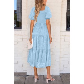 PRETTYGARDEN Women's 2025 Summer Casual Midi Dresses Square Neck Short Sleeve Smocked A Line Floral Flowy Elegant Boho Dress (Light Blue,Small)