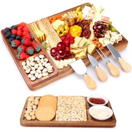 Large Acacia Wood Cheese Board and Knife Set 26.7'' x 11.5'' Wooden Charcuterie Board Meat and Cheese Tray Platter House Warming Gifts New Home Wedding Christmas Gift Food Serving Board Gift Set