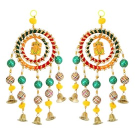 Set of 2 Colorful Ring Wall Door Hanging Jute Ring Chakri Pom Pom Torans Ganesha Bells for Home Office Wedding Event Party Anniversary Traditional Festive Decoration Items Multicolor(Size:-13"X5")