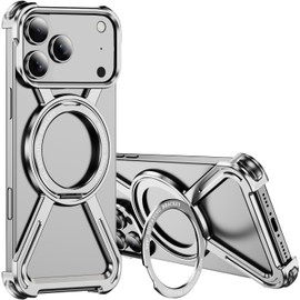Skeleton Case for AAB Pro Max Titanium Style Military-Grade Drop Protection 360° Rotating Kickstand Ring Grip Compatible with Quick Charge Bumper for Apple AAB Pro Max. JJ Silver