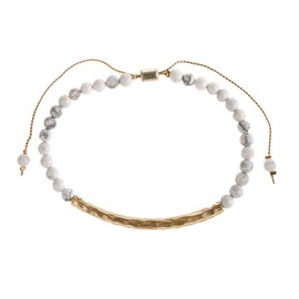 RIAH FASHION Bohemian Natural Semi Precious Stone Bead Bracelet - Healing Gem Chakra Prayer Friendship Slide Adjustable Bolo Cuff Bangle Faceted Jewel Charm (Natural Stone Bar Bracelet - White)