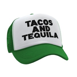 TEQUILAS and Tacos - Party time Mexican Food - Vintage Retro Style Trucker Cap Hat (Green)