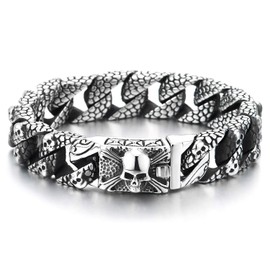 COOLSTEELANDBEYOND Skull Charm Bracelet with Snake Skin Pattern Stainless Steel Curb Chain Bracelet with Pirate Skull Clasp, Metal, Non-applicable