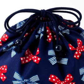 COLORFUL CANDY STYLE お弁当袋 女の子 巾着 中 子供 おしゃれ かわいい マチ付き ポルカドットとストライプのフレンチリボン(ネイビー) N3474400
