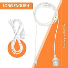 6 Pack Plug in Hanging Light Kit for Christmas E26/e27 Extension Hanging Lantern Pendant Light Lamp Cord Cable 12 ft Cord with On/Off Switch Lamp for Bedroom Living Room(White)