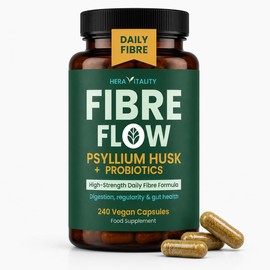 Psyllium Husk Capsules 5000mg + Probiotics – Fibre Supplement for Gut Health, Bloating & Regularity Support – High Strength Soluble Fibre, 240 Vegan Capsules, UK Made – HERA Vitality