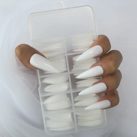 Lifextol Medium Long Stiletto Glossy Fake Nail 100PC Full Cover Acrylic Press on Nails Art Tips False Nail for Beginner Women and Girls Manicure(White）
