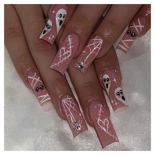 24pcs Long Coffin Press-on Nails with Halloween Cutie Ghost &