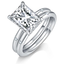 Bo.Dream Wedding Ring Sets, 3ct Radiant Cut Cubic Zirconia, Platinum Plated 925 Sterling Silver Engagement Ring Sets for Women (Size 8)