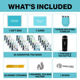 Organic Tea Gift Set with Portable Kettle - 36 Piece Tea Gifts for Tea Lovers - Includes Insulated Mug, Assorted Organic Teas, Honey Sticks & Tea Accessories - Ultimate Brewing Experience