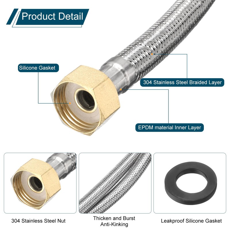 uxcell 2Pcs 59" Faucet Supply Lines Connector Stainless Steel Braided