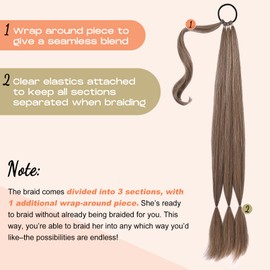 SEIKEA Long Braided Ponytail Extension with Hair Tie Straight Wrap Around Hair Extensions Ponytail Natural Soft Synthetic Hair Piece Daily Wear 34 Inch 180 Gram Dark Ash Blonde with Highlights
