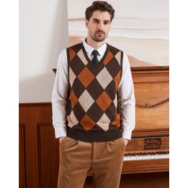 Kallspin Men's Big & Tall Argyle Sleeveless Jumpers Wool Blend Knitted Gilets V Neck Sweater Pullover Vest(Brown,3XL-Big & Tall)