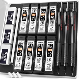 Nicpro 0.9 Metal Mechanical Pencil Set with Case, 3PCS Black MP1000 0.9mm Drafting Pencil, 8 Tubes HB Lead Refills, 3PCS Erasers, Erasers Refills for Artist Writing, Drawing, Sketching