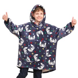 Game Controller Wearable Blanket Hoodie for Boys Gamer Oversized Hoodie for Kids (Gamer-Navy, 12-13 Years)
