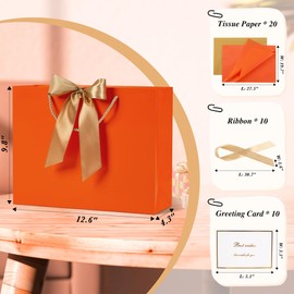 PASEOTA 12.6" Gift Bags Medium Size Set of 10 - Includes Tissue Paper, Cards & Ribbons, Luxury Gift Bags with Handles for Thanksgiving Wedding Birthday (12.6" x 9.8" x 4.3", Orange)