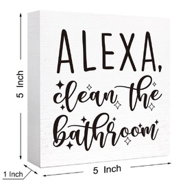 Alexa Clean the Bathroom Sign Wood Block,Funny Bathroom Signs Wooden Box for Shelf Washroom Toilet Restroom Shelves Decor 5"L x 5"W x 1.1"H