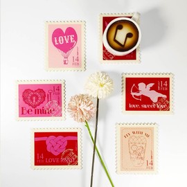 6 Pcs Valentine's Day Coasters, Stamp Coaster with Vintage Gift Box, Stamp Coasters Set for Stamp Lovers with Gift Box for Stamp Lovers, Coasters for Drinks, Bars, Cafes, Home, Valentine's Day Gift
