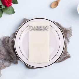 JOLLY CHEF 100 Disposable Hand Towels , Soft and Absorbent Line-Feel Dinner Napkin, Elegant Decorative Paper Guest Towels for Kitchen, Bathroom,Weddings,Parties, Silver and White