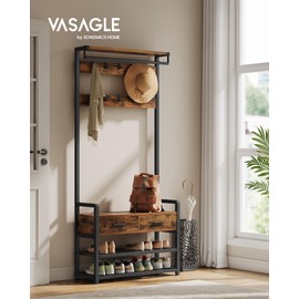 VASAGLE Hall Tree with Bench and Shoe Storage, Entryway Coat Rack with Shoe Bench, 2 Fabric Drawers, 10 Hooks, 11.8 x 31.7 x 71.5 Inches, Vintage Brown and Ink Black UHSR429B01