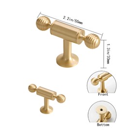 AHQKCRF 2 Pcs T Round Solid Brass Kitchen Cabinet Knobs Gold Modern Dresser Drawer Handles Single Hole Decorative Cupboard Pulls Cute Furniture Hardware Knobs for Bedroom Bathroom