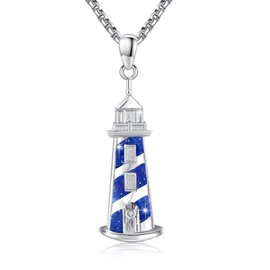 YueYuan Lighthouse Necklace 925 Sterling Silver Blue Lighthouse Pendant Stainless Steel Chain Marine Jewellery Women Men Gift, Sterling Silver, No Gemstone