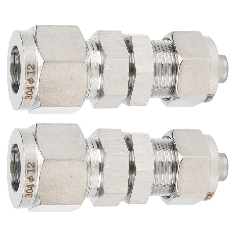 2Pcs Ferrule Compression Fitting Bulkhead Connector 2‑Touch Straight 304 Stainless