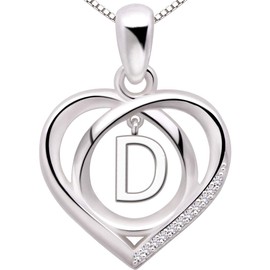 ALOV Jewelry Sterling Silver Initial Letter Alphabet Love Heart Cubic Zirconia Pendant Necklace (D)