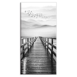 Lake Wall Art for Aisle Corridor, PIY Black and White Pier with Birds Flying Canvas Prints Decor, Vertical Calm Wharf Mountain landscape (1" Thick Artwork, Waterproof, Bracket Mounted Ready to Hang)