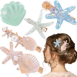 PAGOW 5 Pcs Starfish Hair Clips, Crystal Seashell Hair Clips, Sea Star Ponytail Holder, Crystal Wedding Headpiece Hair Accessories For Women, Bride