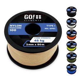 GO!elements 50 m Paracord 2 mm Rope Made of Tear-Resistant Nylon Cord – Paracord 100 Type I Survival Cord – Tear-Resistant up to 45 kg – Suitable as All-Purpose Rope, Repair Cord, Masonry Cord,