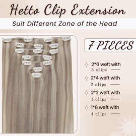 Hetto Clip-In Real Hair Extensions, Blonde Hair Extensions, Clip-In Real Hair, Human Hair Clip-In Extensions, Real Hair, Streaked, Straight, 7 Pieces, Ash Blonde Highlight Light Blonde #17/23, 40 cm,