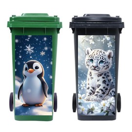 Peacoblue Wheelie Bin Stickers 2 Sheets Winter Penguins and Leopards Sticky Dustbin Decals, 15" x 32" Waterproof Large Wraps for Trash Cans Bins Driveway Garden Outdoor Indoor Patio Decoration