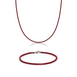 Metro Jewelry Stainless Steel Red Acrylic Necklace and Bracelet Set for Men 24 and 9 Inches Round Box Chain 3 mm Wide Jewelry Set
