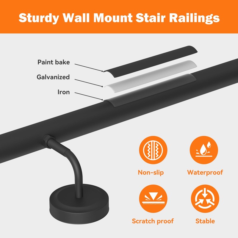 13FT Industrial Metal Stair Handrail,Round Pipe Stair Railing for Indoor/Outdoor