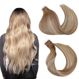 Tape in Hair Extensions ，Real Human Hair Extension,Bleach and Caramel Blonde Human Hair 22 inch 20pcs 50g,Thick Ends Straight Seamless, Invisible Tape in Hair Extensions Human Hair