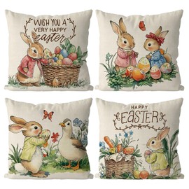 QIONG MENG Easter Pillow Covers 18x18 Inch Set of 4 Cute Bunny Throw Pillow Covers Easter Decorative Pillowcase Cushion Case for Home Sofa Living Room Farmhouse Decorations