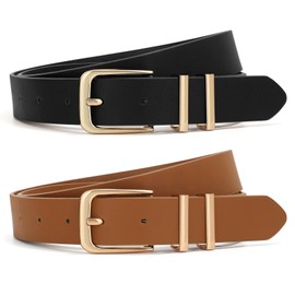 XZQTIVE 2Packs Fashion Women Leather Belts For Jeans Pants Ladies Leather Waist Belt with Gold Buckle, XL, Black+Brown